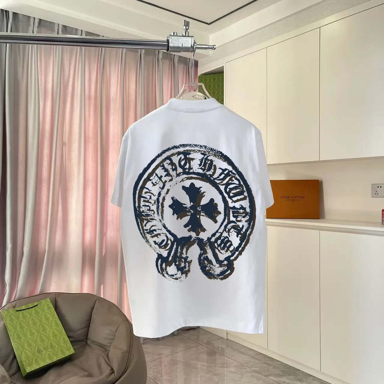 🅿️170 ch Cro* 2025 summer new style Sanskrit cross horseshoe print short-sleeved T-shirt customized fabric 300g same style for men and women Size: S M L XL XXL five sizes Color: black white rose red iron gray